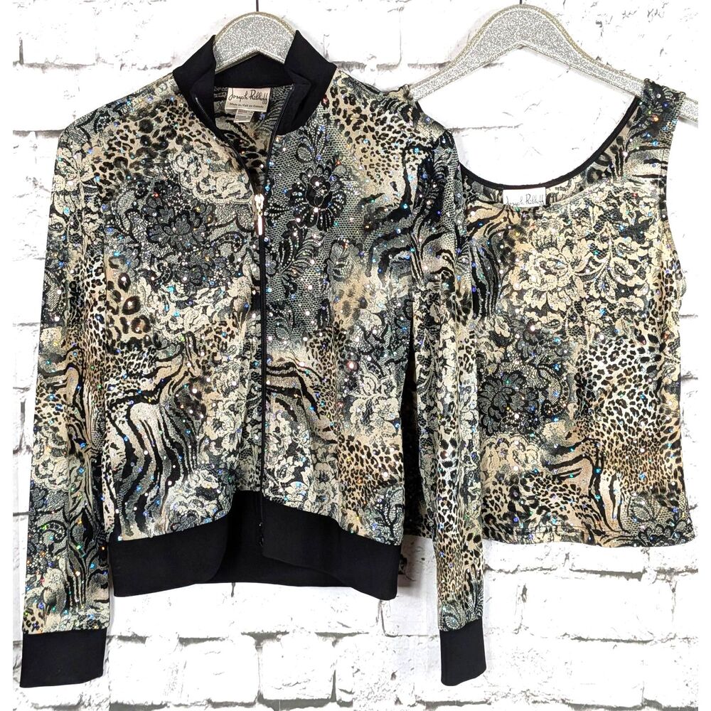 VTG JOSEPH RIBKOFF Y2K Sequined Sheer Mesh Jacket Tank Animal Mob Wife US 10